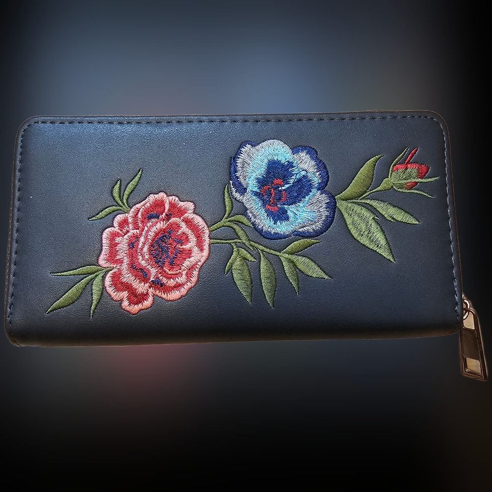 Embroidered Flower Faux Leather Wallet